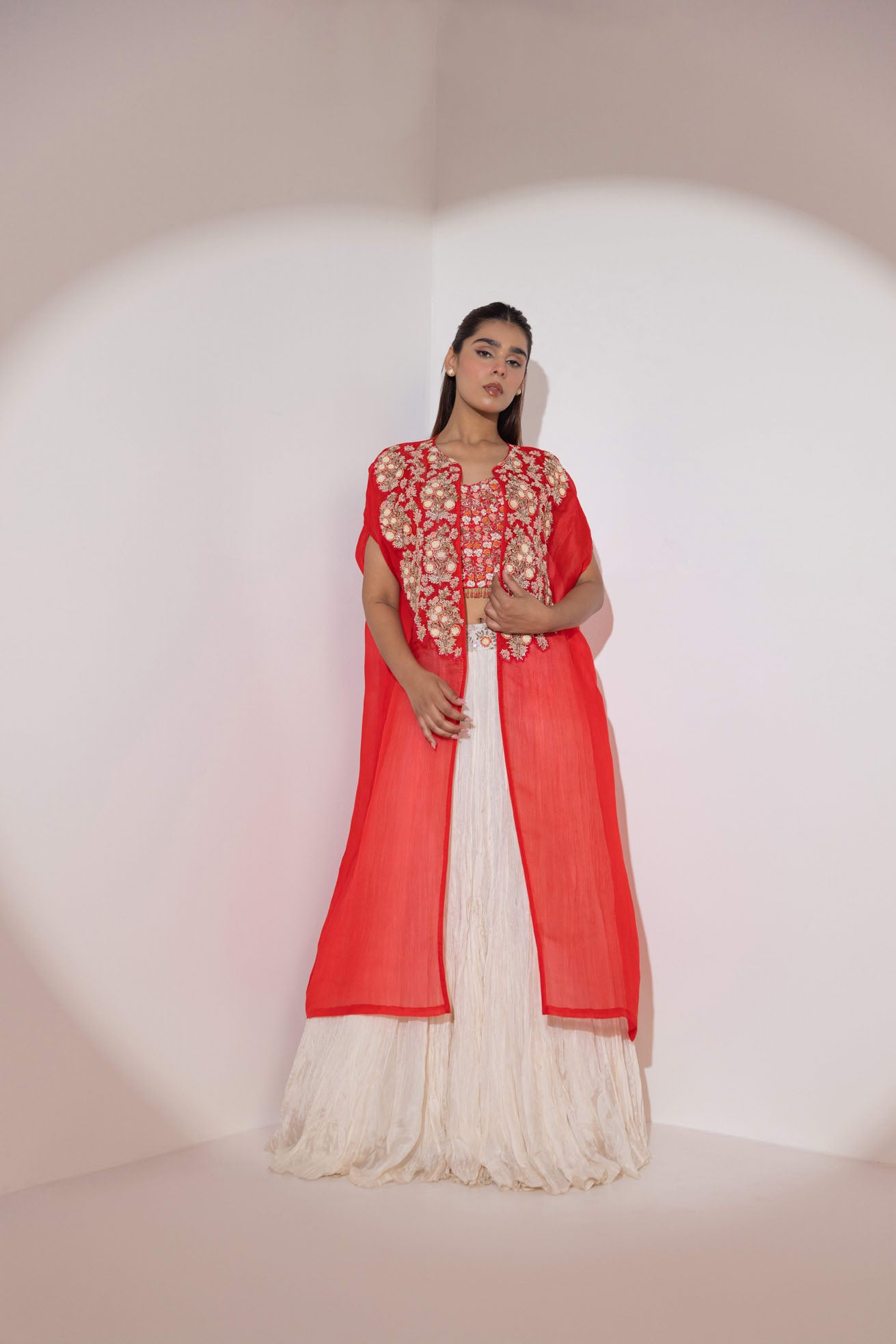 Red and white lehenga set