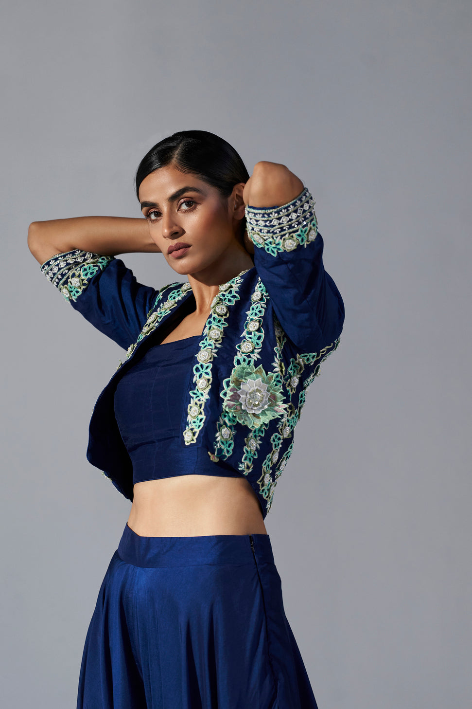 Dark Blue Crepe Foil Printed Crop Top with Palazzo and Jacket – Janasya.com