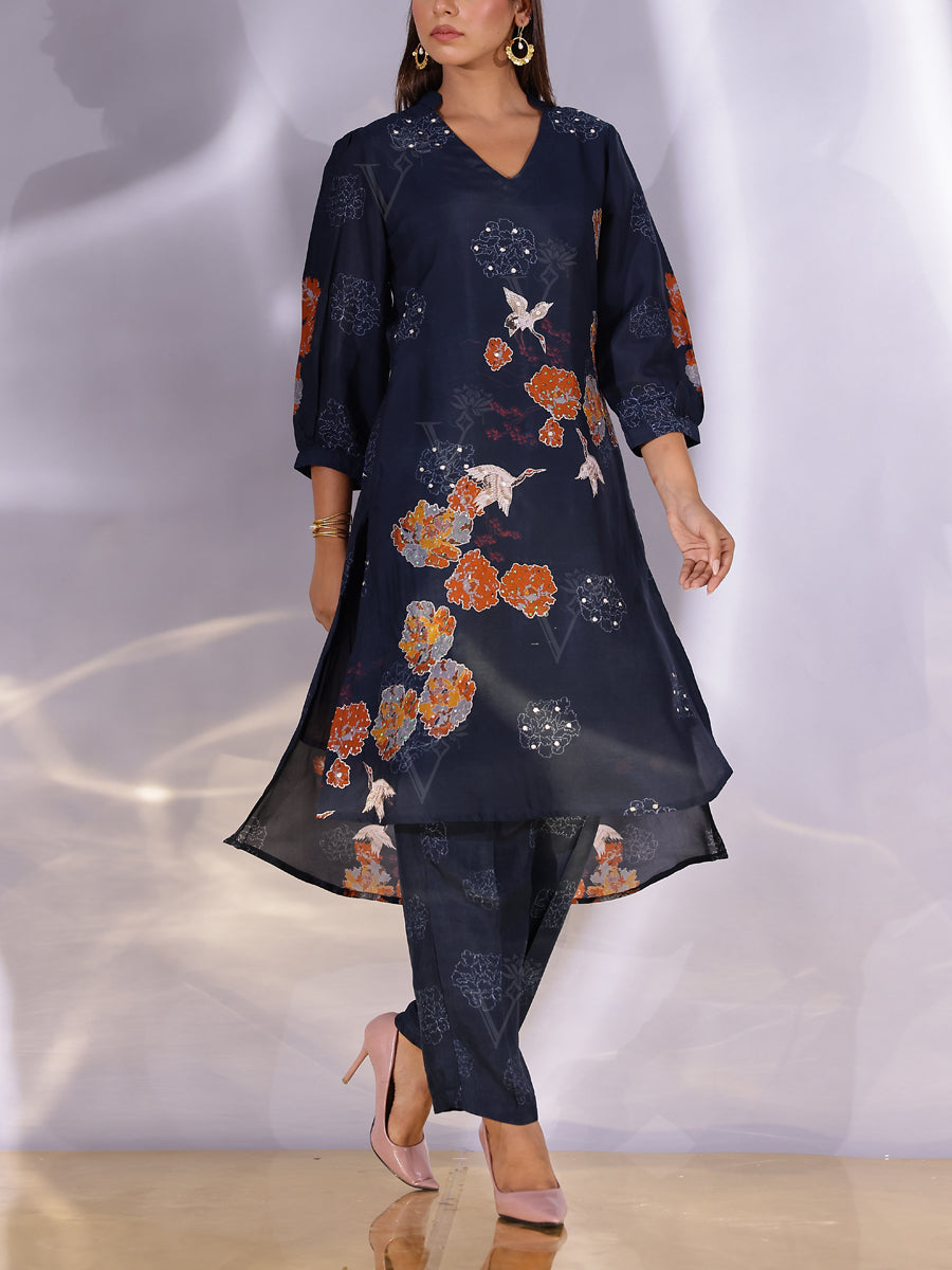 Midnight Blue Vasansi Silk Printed Co-ord Set