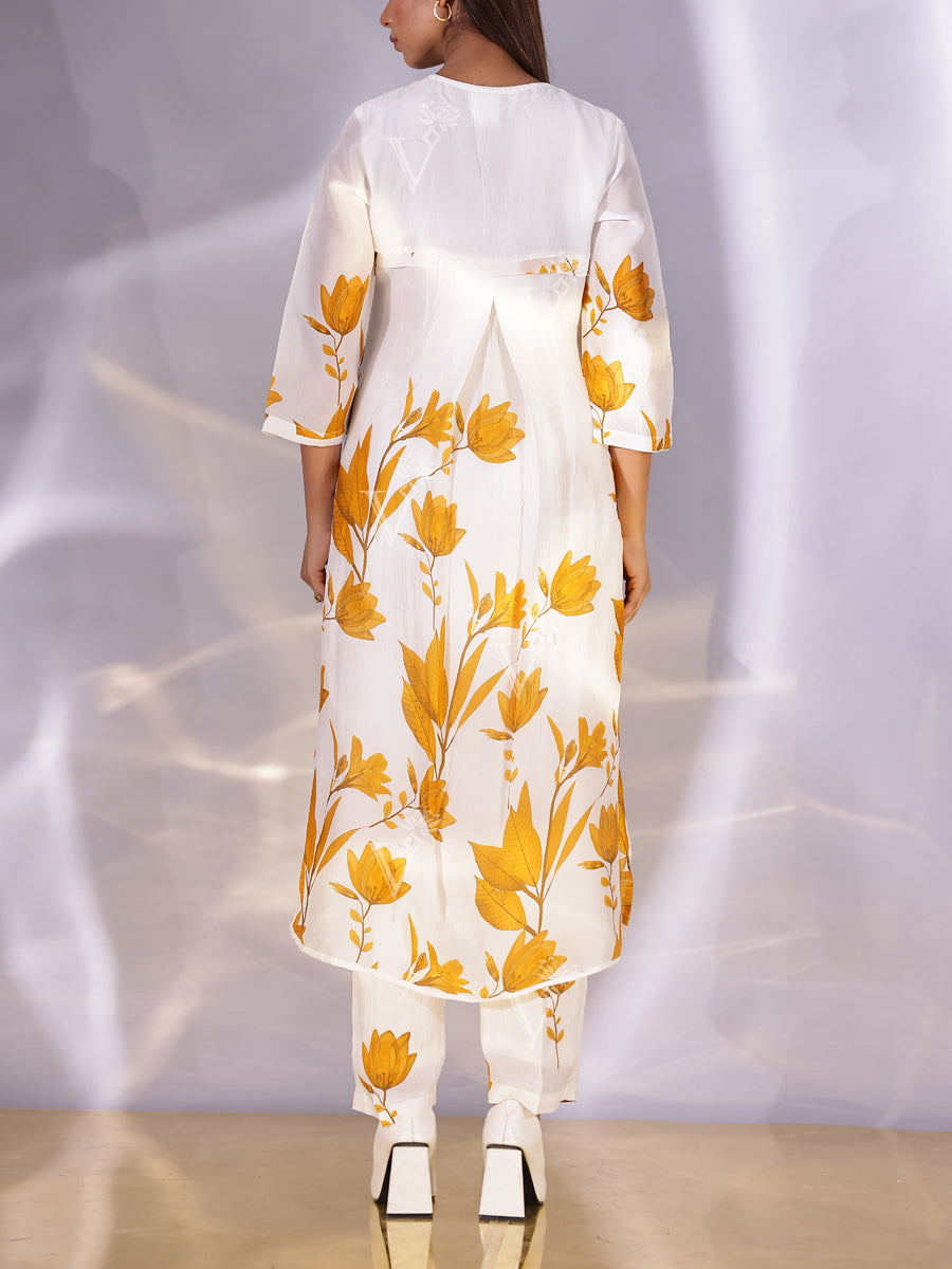 White and Yellow Floral Printed Vasansi Silk Co-ord Set