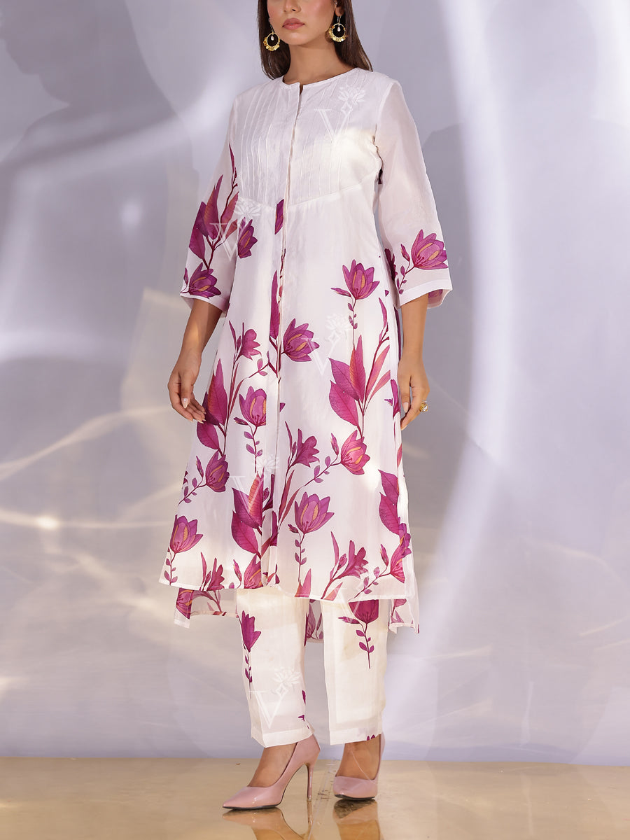 White and Wine Floral Printed Vasansi Silk Co-ord Set