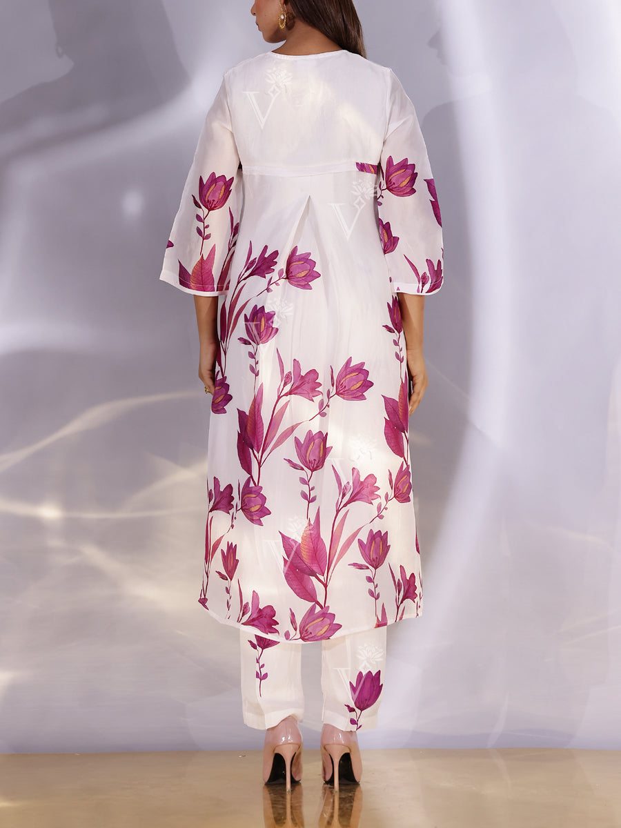 White and Wine Floral Printed Vasansi Silk Co-ord Set