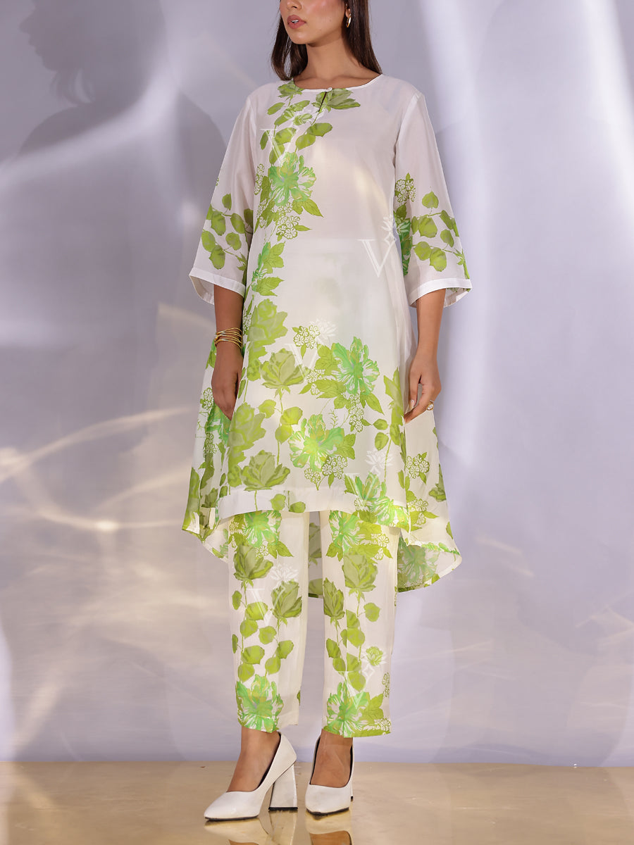 White and Green Vasansi Silk Printed Co-ord Set