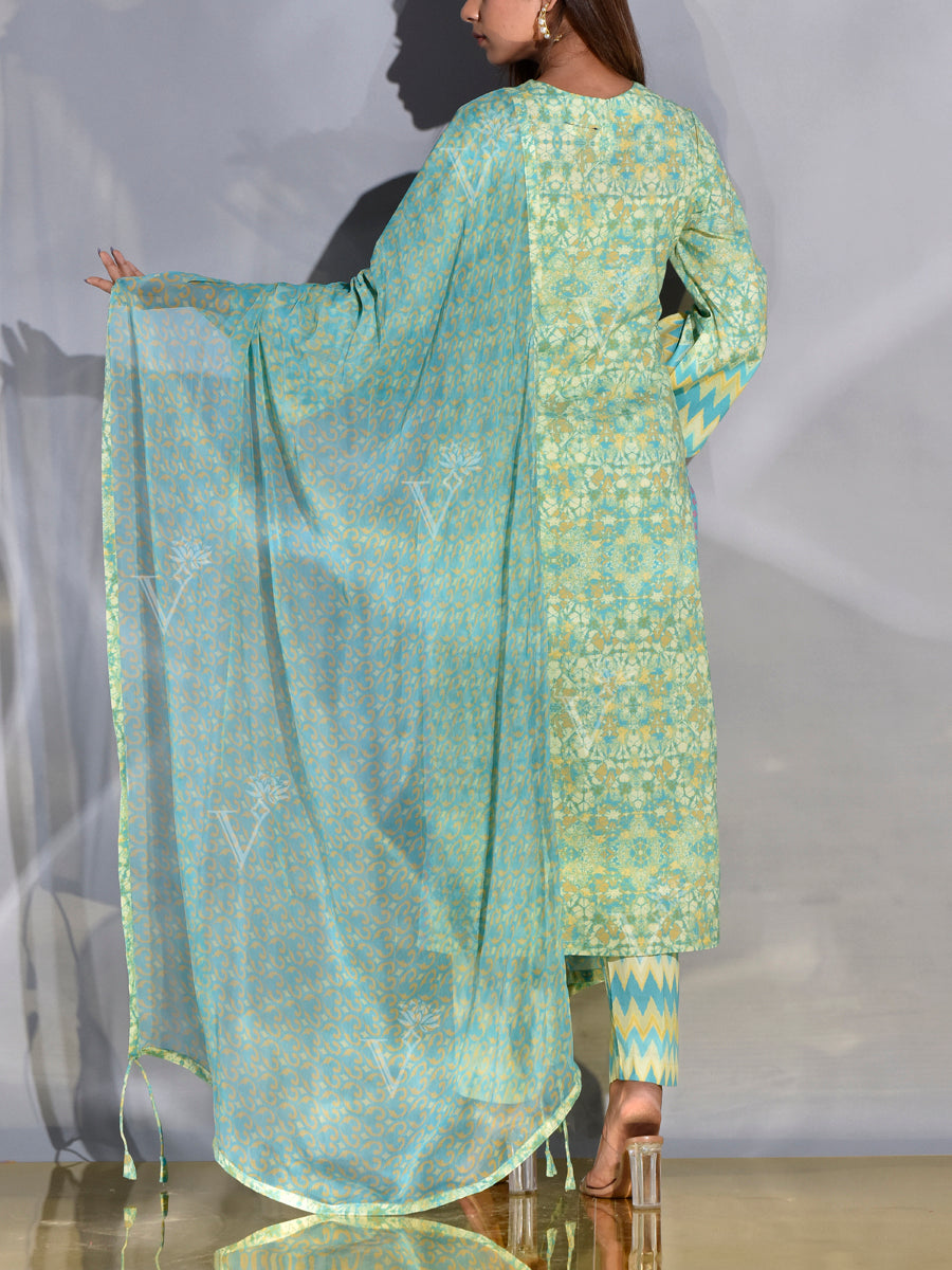 Green Cotton Printed Suit Set