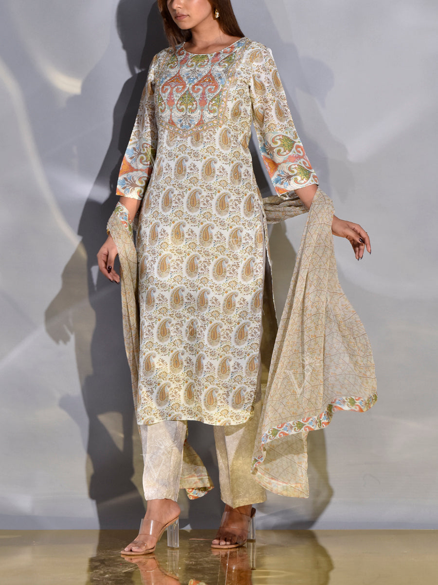 Off-White Floral Printed Vasansi Silk Suit Set