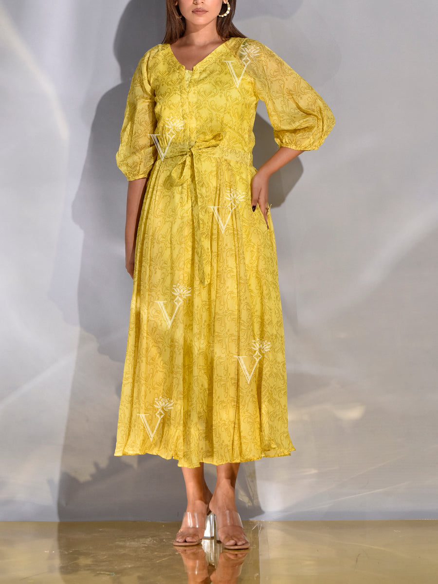 Pastel Yellow Vasansi Silk Printed Dress