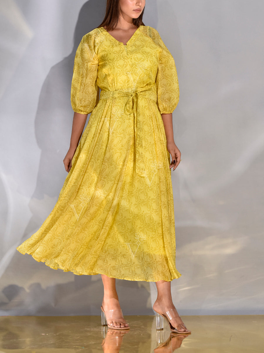 Pastel Yellow Vasansi Silk Printed Dress