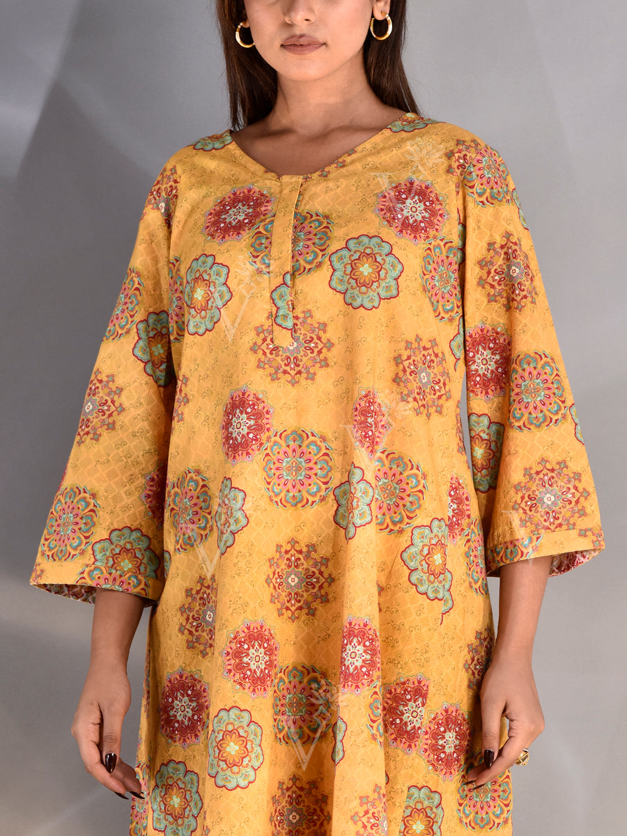 Mustard Dobby Cotton Printed Kurti