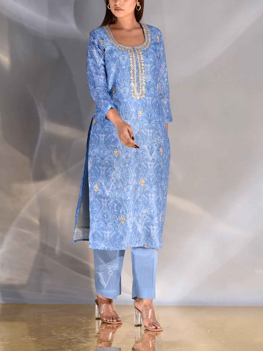 Turquoise Blue Vasansi Silk Printed Kurta