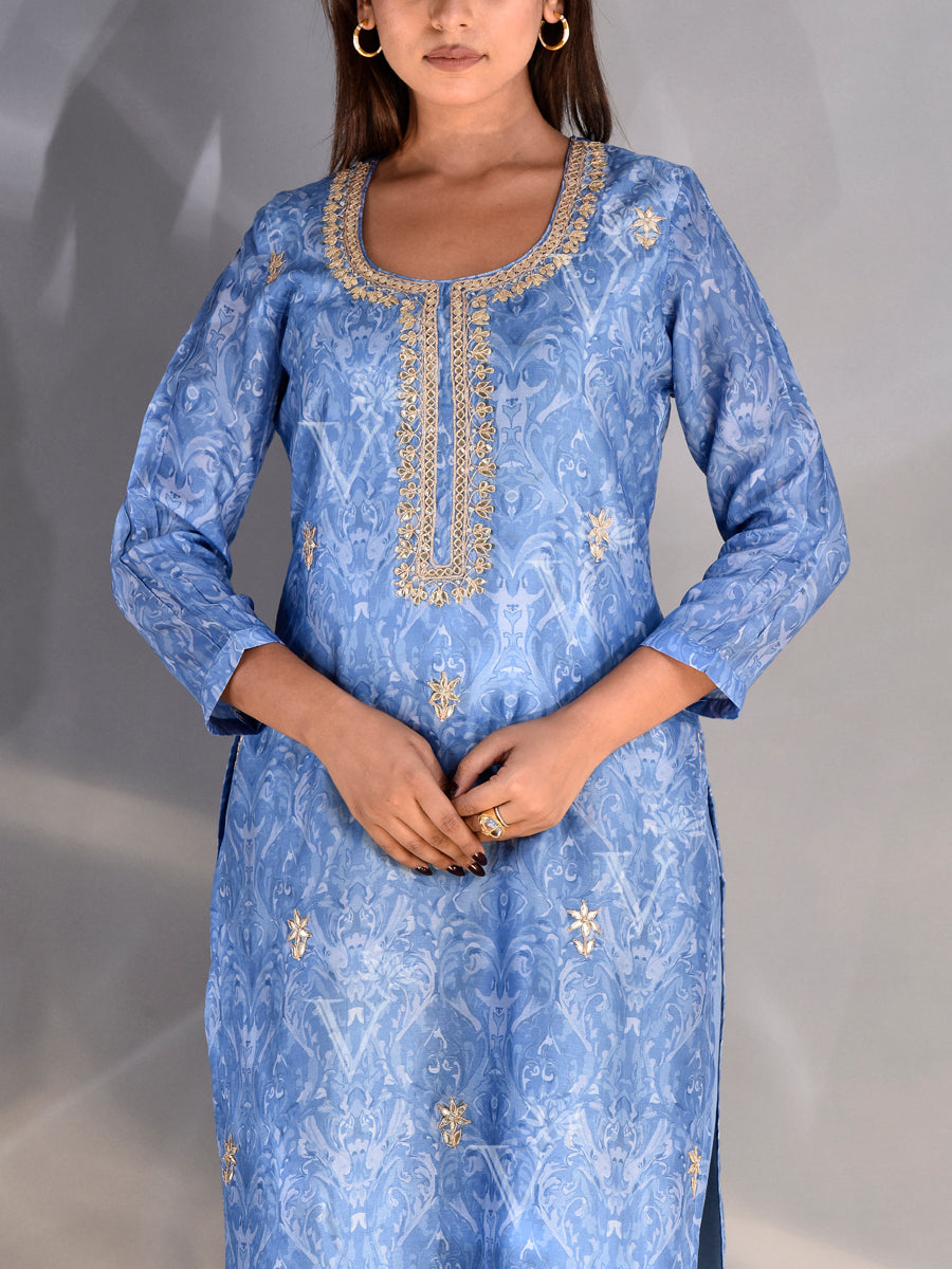 Turquoise Blue Vasansi Silk Printed Kurta