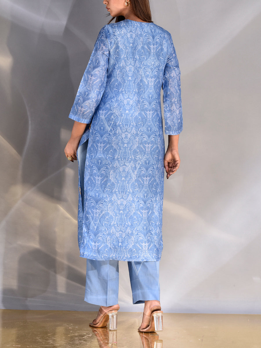 Turquoise Blue Vasansi Silk Printed Kurta