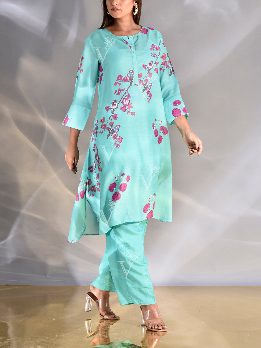 Cyan Blue Vasansi Silk Printed Co-ord Set