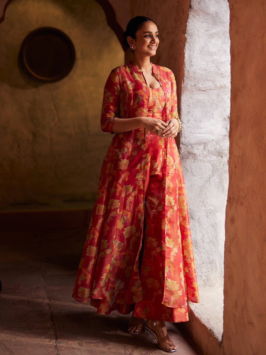 Red Floral Printed Jacket and Palazzo Set