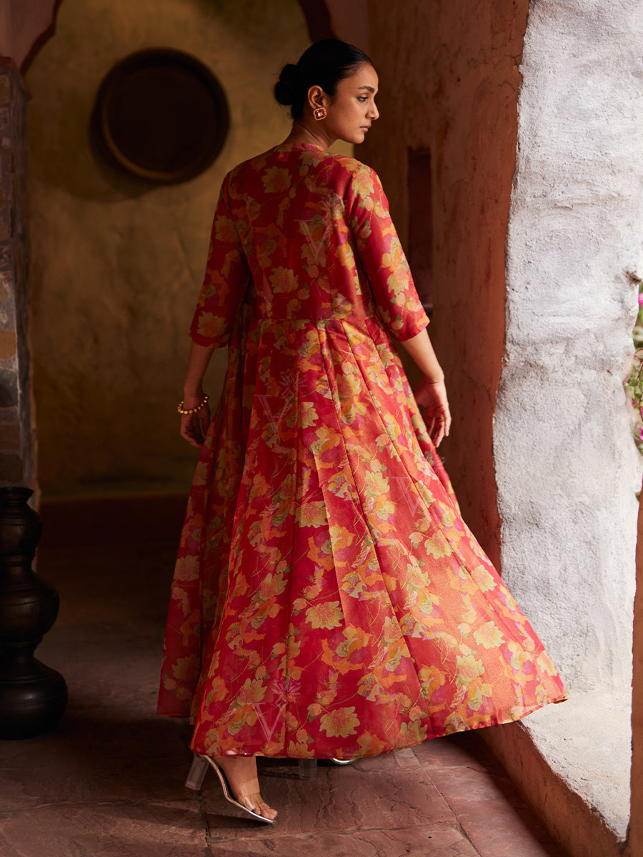 Red Floral Printed Jacket and Palazzo Set