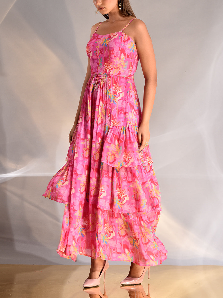 Pink Wrinkle Crepe Floral PrintedTeired Dres