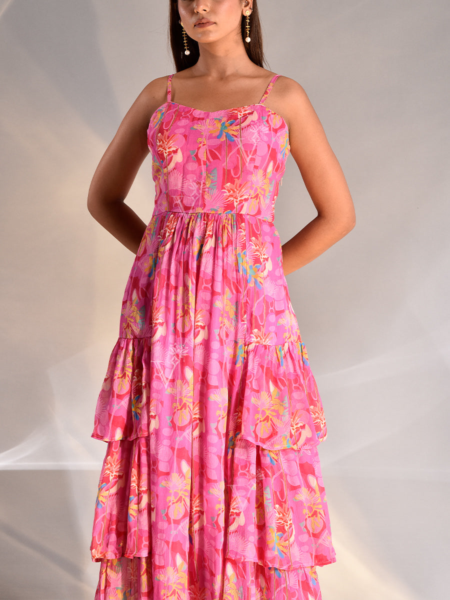 Pink Wrinkle Crepe Floral PrintedTeired Dres