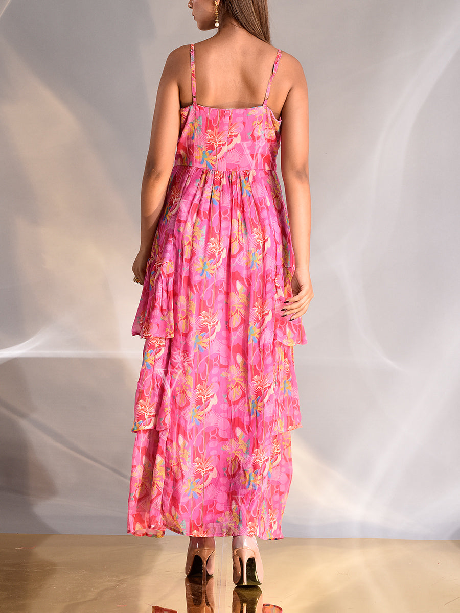 Pink Wrinkle Crepe Floral PrintedTeired Dres