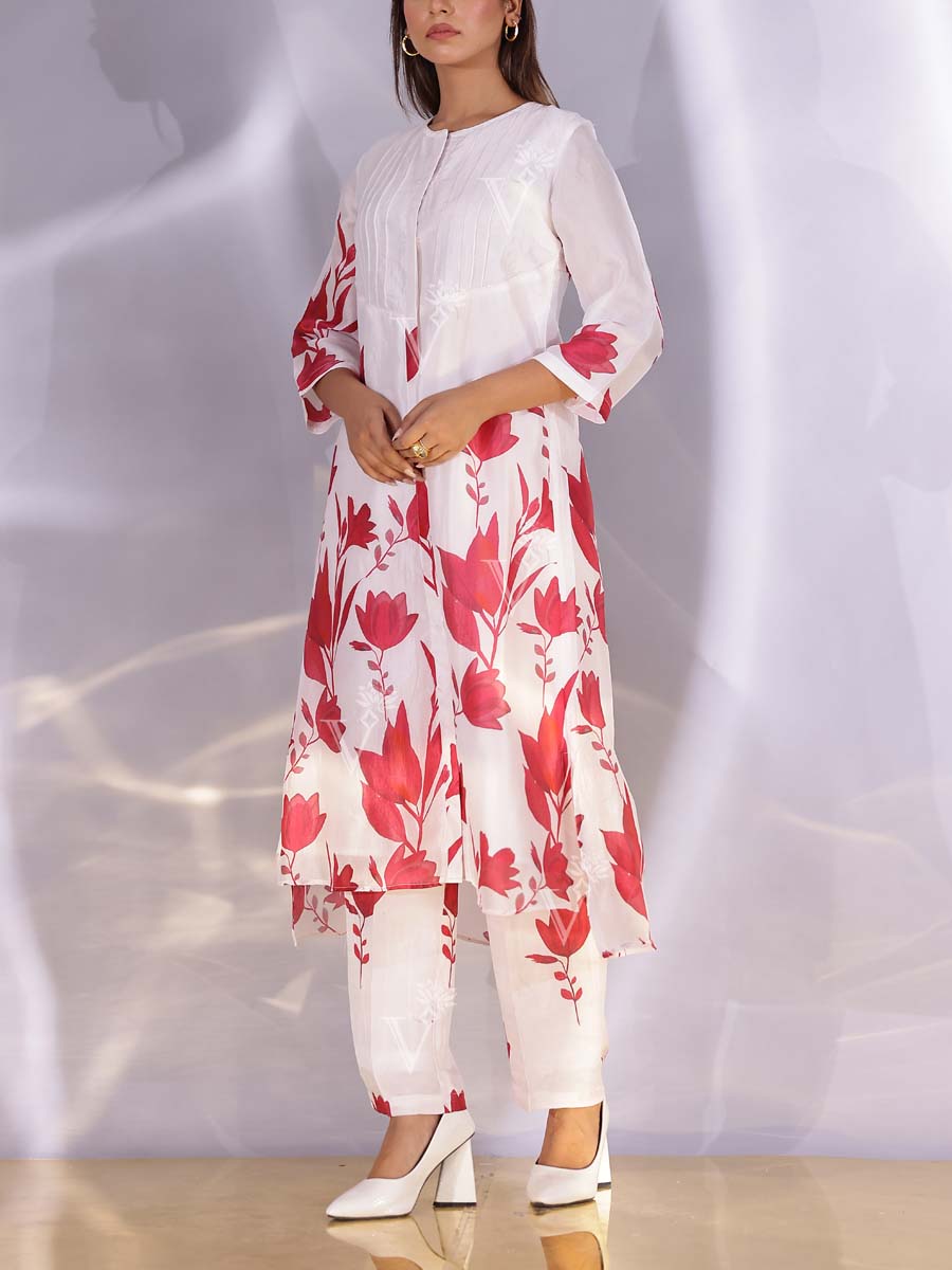 White and Red  Vasansi Silk Kurta Set