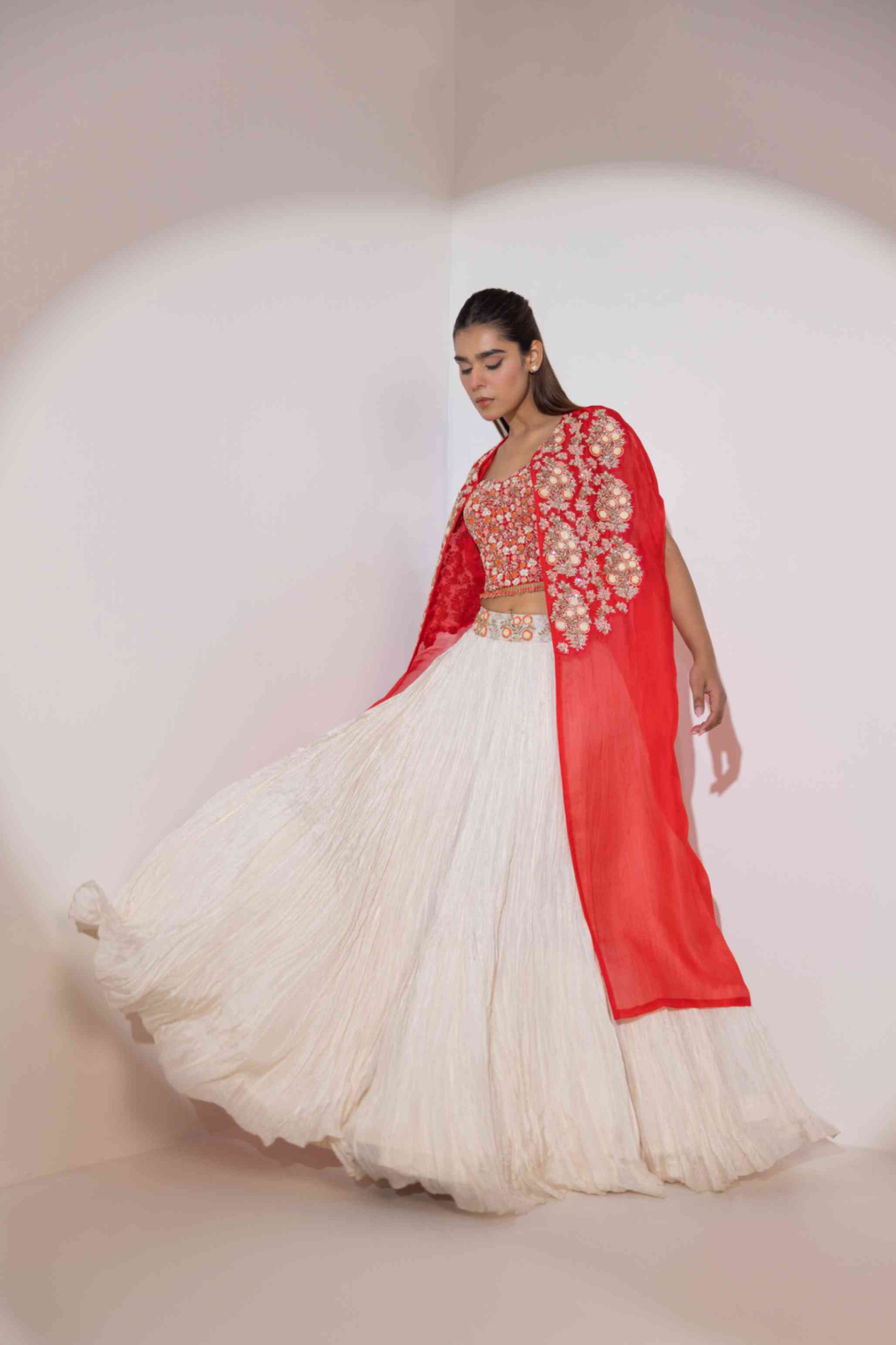 Red and white lehenga set