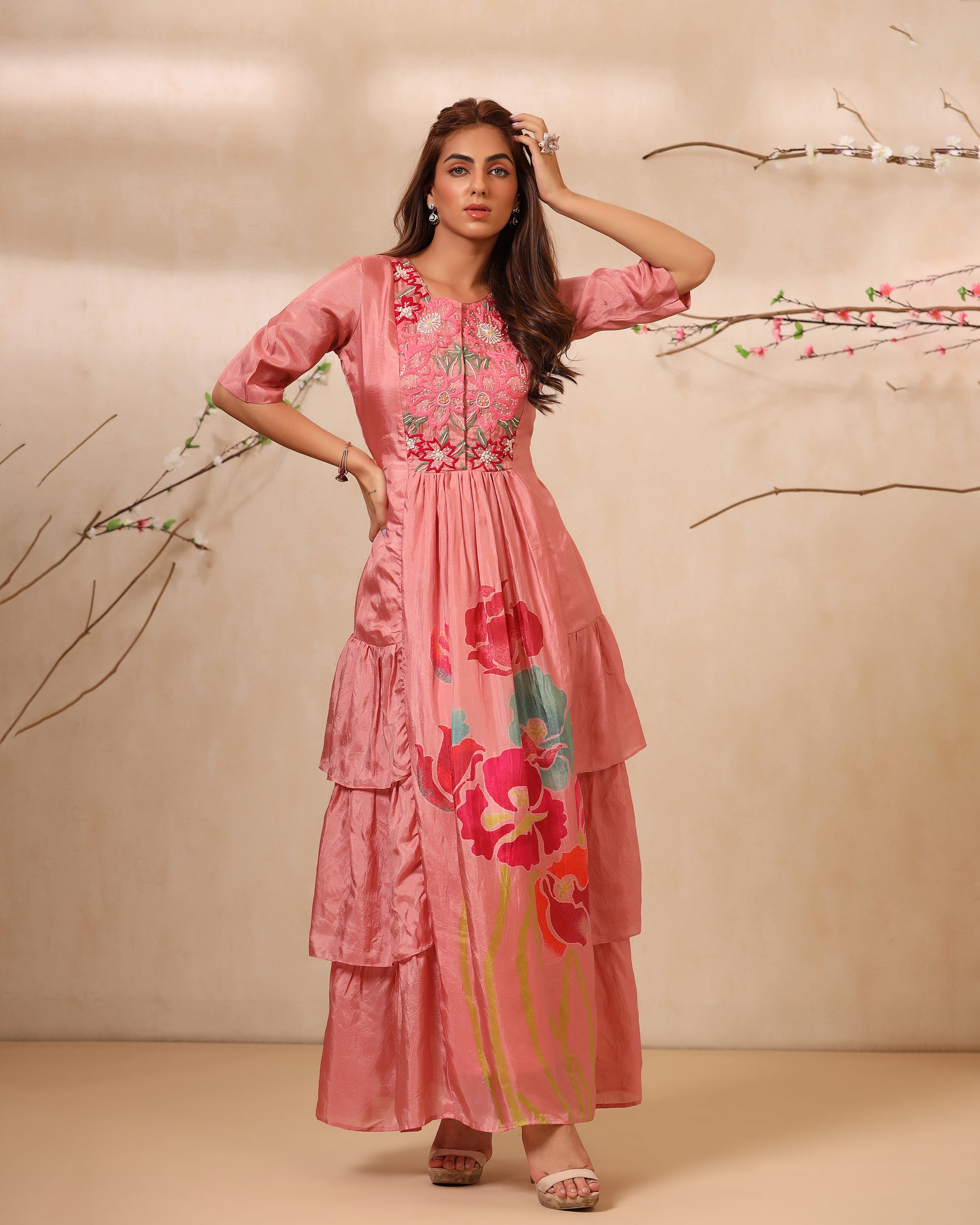 SHIVA BROWN ROSE FLOWER PRINTED LONG DRESS