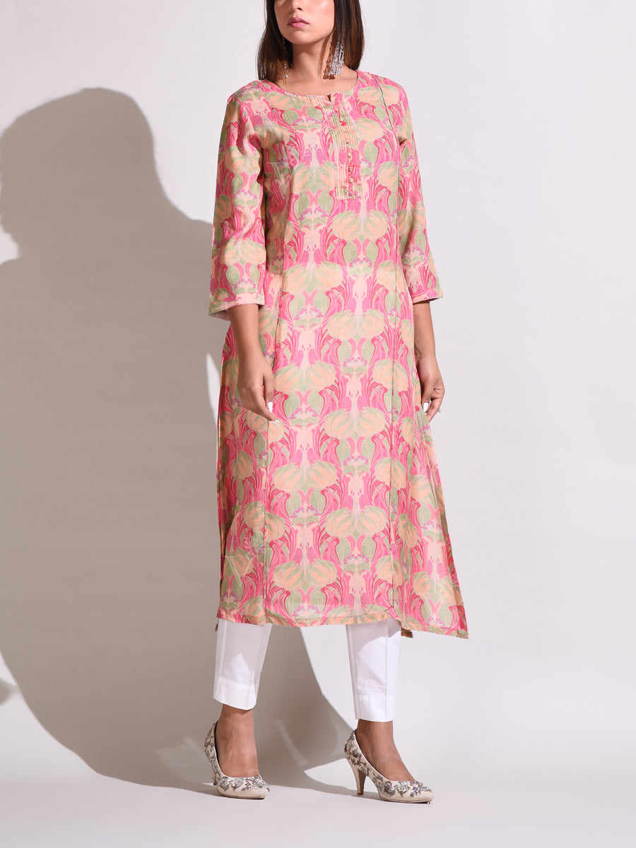 Peach Jaipur Craft Silk Kurti