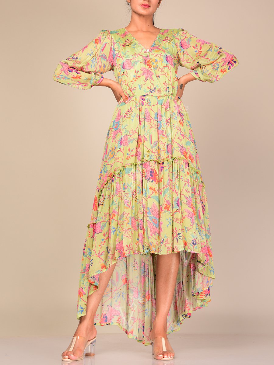 Dress, Dresses, Asymmetrical, Floral, Summer Dress, Pastel, Silk, Crepe, One Piece