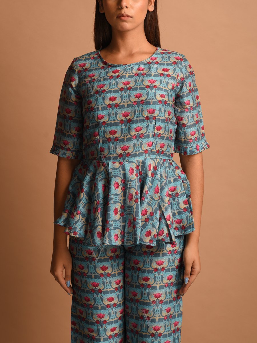 Blue Silk Printed Co-ord Set